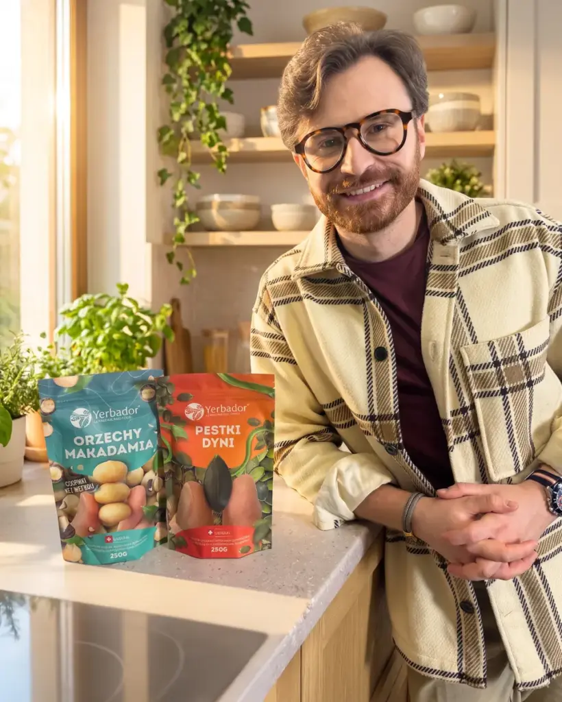 Dried white mulberry: man in glasses leaning on a counter with Yerbador macadamia nuts and pumpkin seeds
