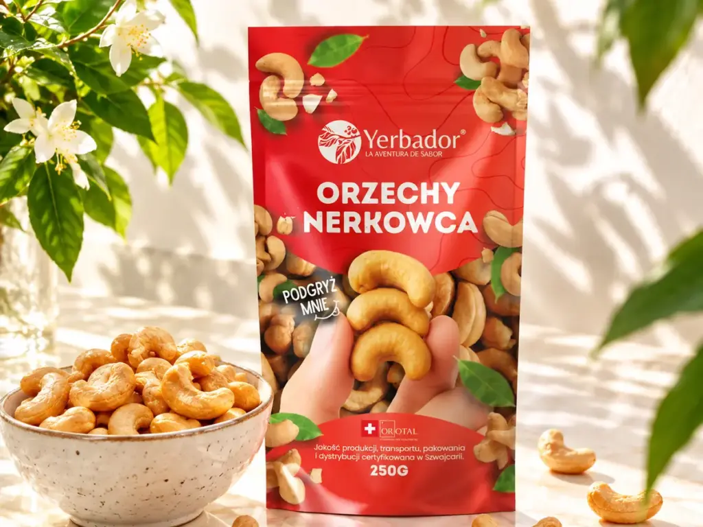Pack of Yerbador cashews and a full bowl of cashews in sunlight