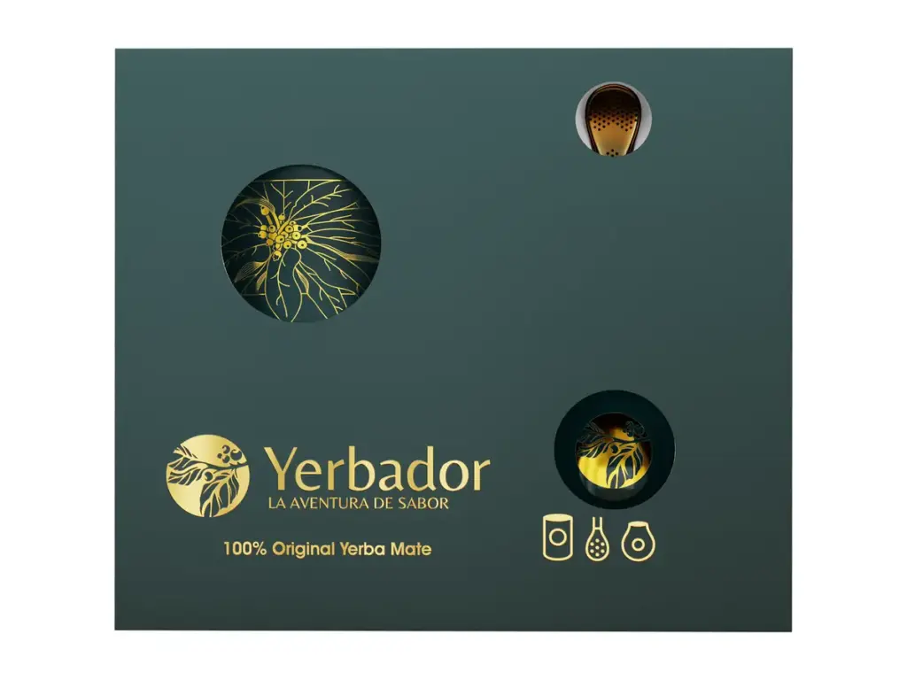 Yerba mate: closed bottle-green Yerbador gift box with gold logo