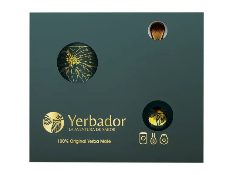 Closed bottle-green Yerbador gift box with gold logo
