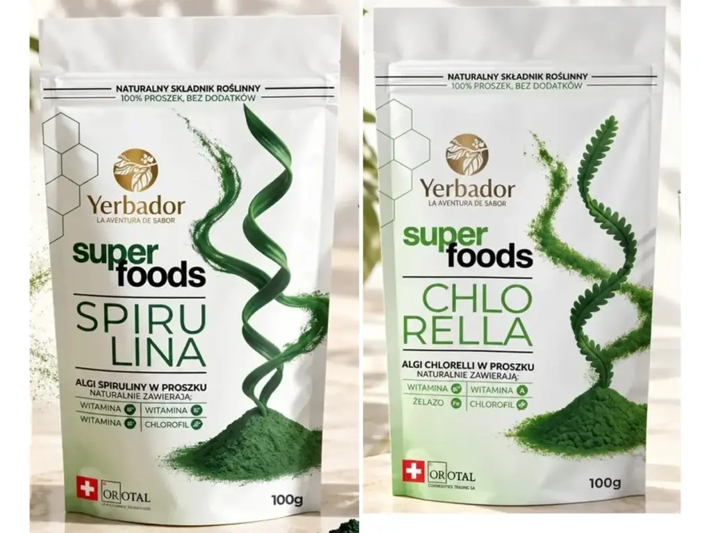 Green barley: packs of Yerbador Superfoods Spirulina and Chlorella on white background