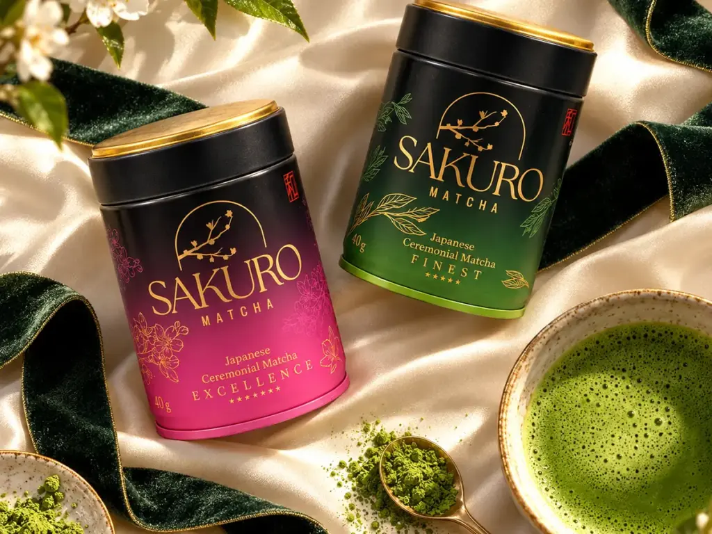 Sakuro Excellence and Finest tins on green velvet with a matcha bowl