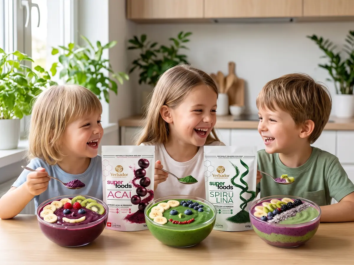 Three laughing children eating colorful açaí and spirulina bowls in a bright kitchen