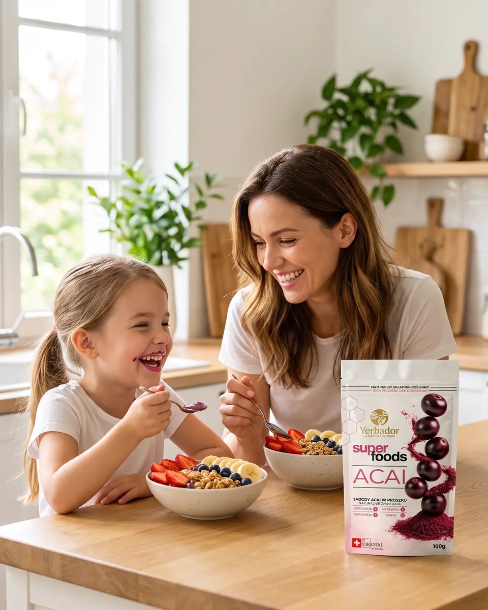 Mom and daughter eating breakfast açaí bowls in a sunny kitchen