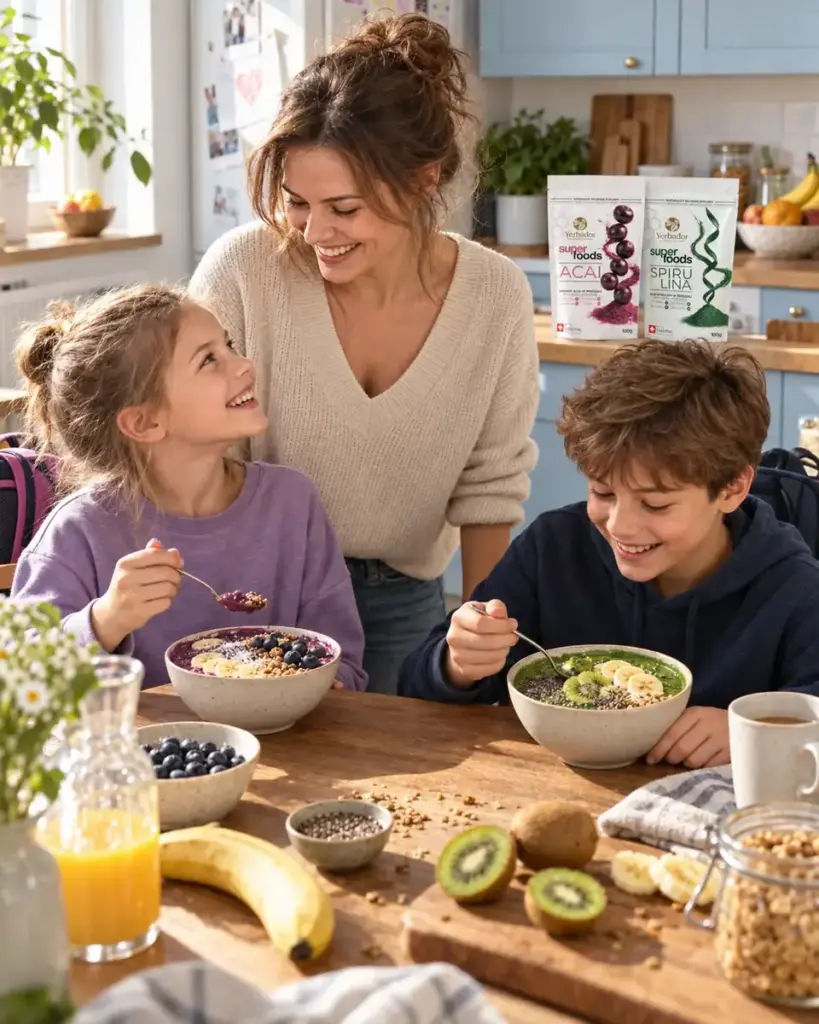 Mom with two children having breakfast with colorful bowls