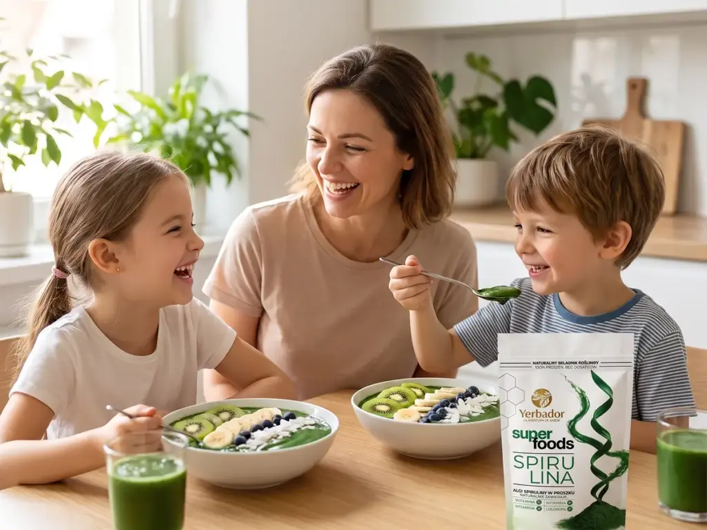 Guarana powder: mom with children by green bowls and a spirulina smoothie