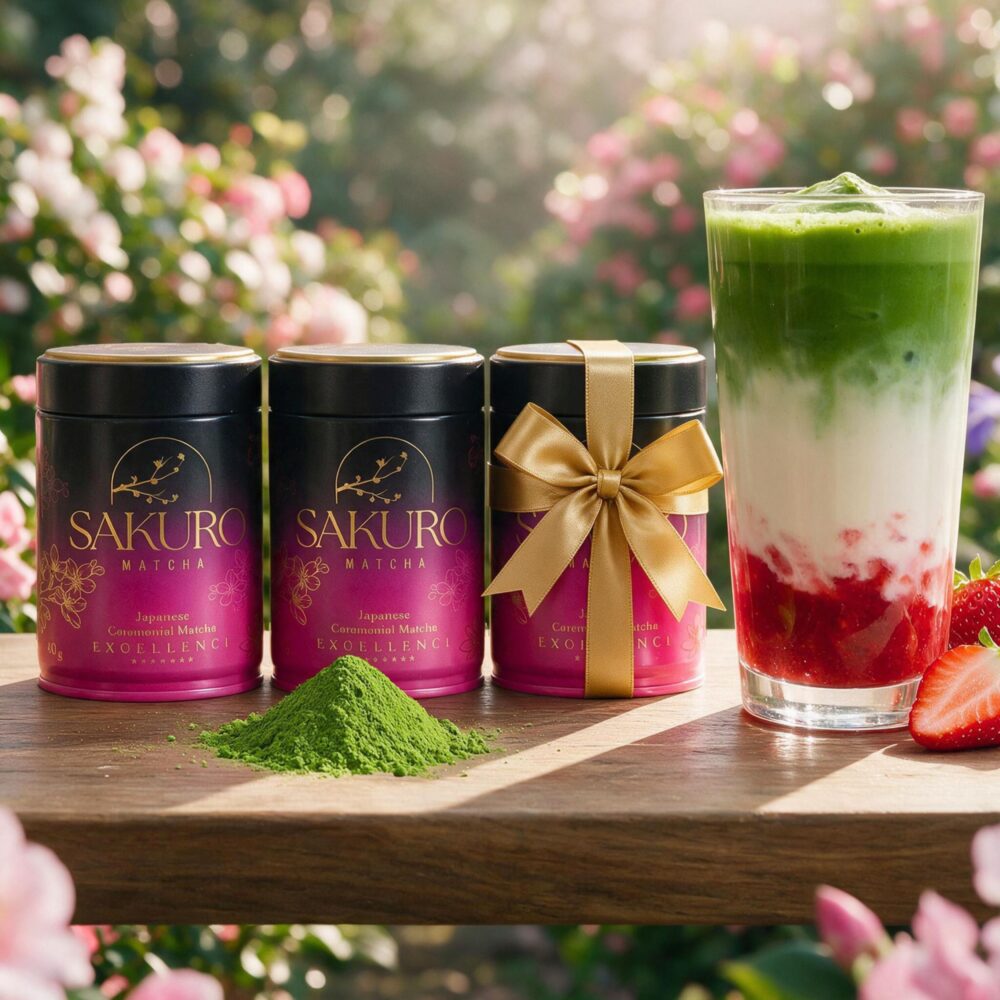 Sakuro Matcha Excellence 2+1 free — three tins Three tins of Sakuro Matcha Excellence, one tied with a gold ribbon, next to a strawberry matcha latte