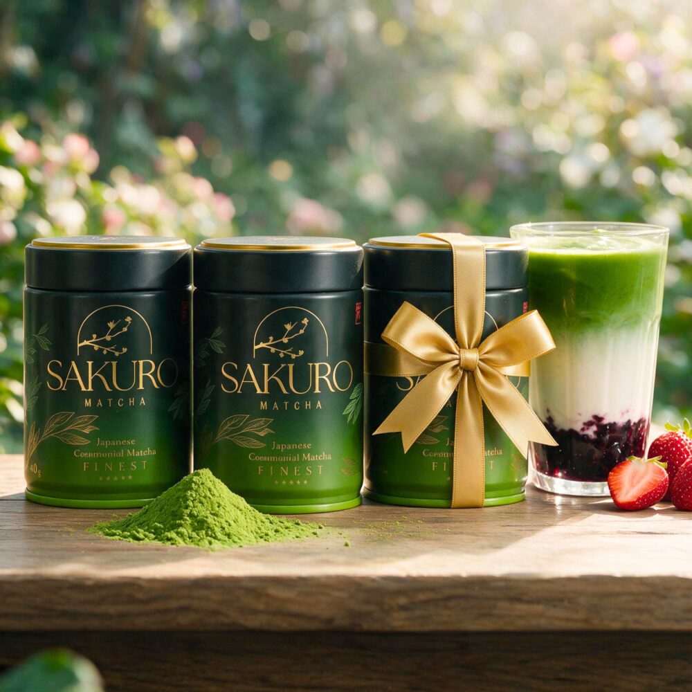 Sakuro Matcha Finest 2+1 free — three tins Three tins of Sakuro Matcha Finest, one tied with a gold ribbon, next to a blueberry matcha latte