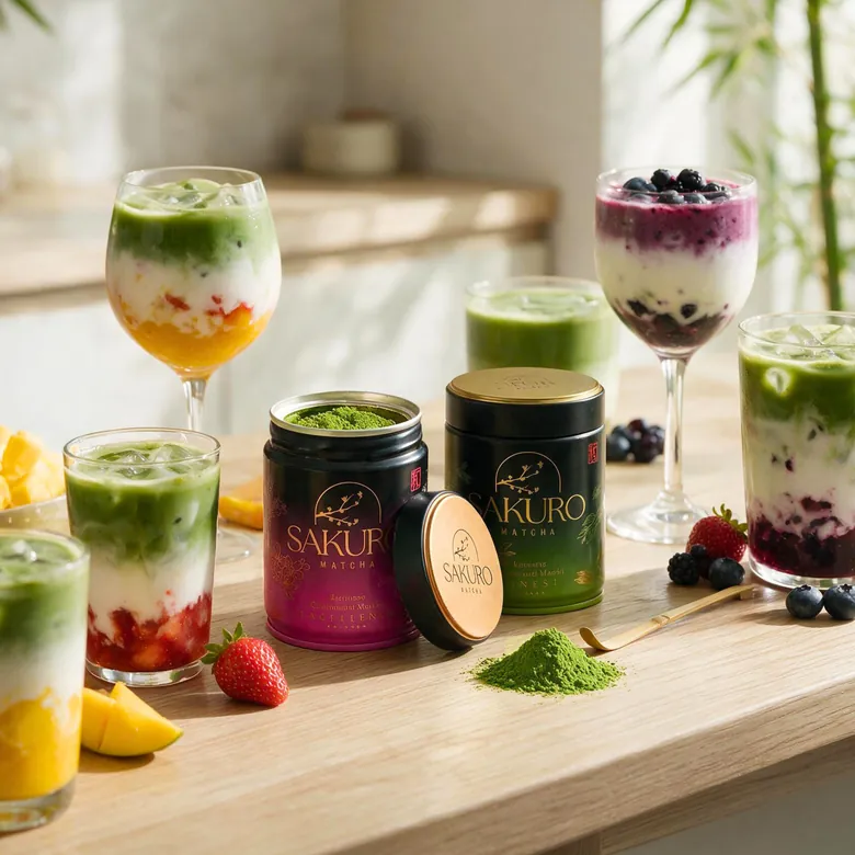 Five Sakuro matcha drinks: mango, berry, strawberry, next to the tin and a mound of powder Five Sakuro matcha drinks: mango, berry, strawberry, next to the tin and a mound of powder