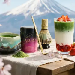 Bowl, Sakuro Excellence tin, chashaku and chasen on linen, with Mount Fuji in the background