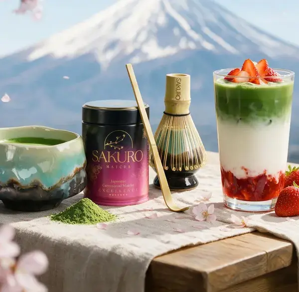 Bowl, Sakuro Excellence tin, chashaku and chasen on linen, with Mount Fuji in the background