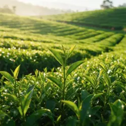 Rows of tea bushes on a plantation in the morning sun