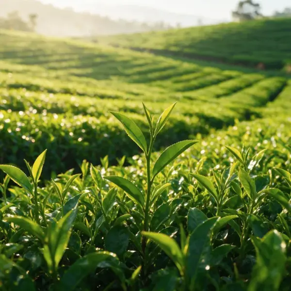 Rows of tea bushes on a plantation in the morning sun