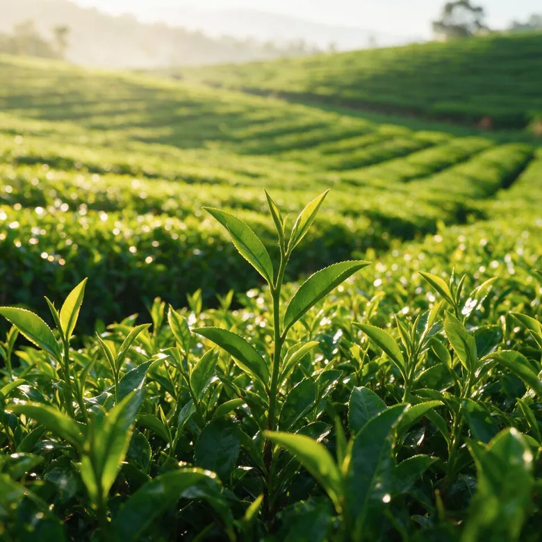 Rows of tea bushes on a plantation in the morning sun Rows of tea bushes on a plantation in the morning sun