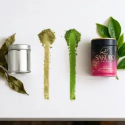 Colour comparison: a dull olive streak of ordinary matcha next to intensely green Sakuro Excellence