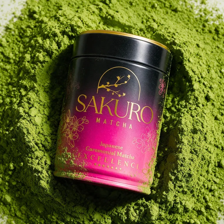 Sakuro Matcha Excellence 40 g tin next to a mound of vivid green ceremonial matcha Sakuro Matcha Excellence 40 g tin next to a mound of vivid green ceremonial matcha