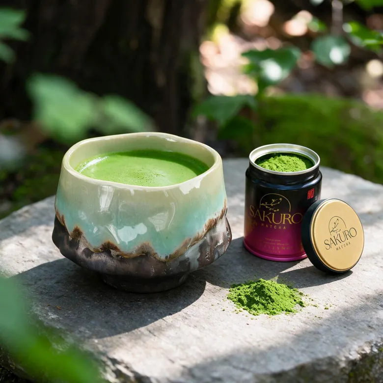 A bowl full of matcha and the Sakuro Excellence tin on a stone in a Japanese garden A bowl full of matcha and the Sakuro Excellence tin on a stone in a Japanese garden