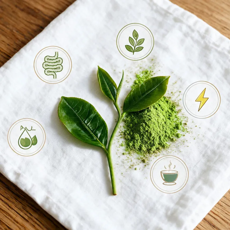 Tea leaf and matcha powder on canvas — properties of ceremonial matcha Tea leaf and matcha powder on canvas — properties of ceremonial matcha