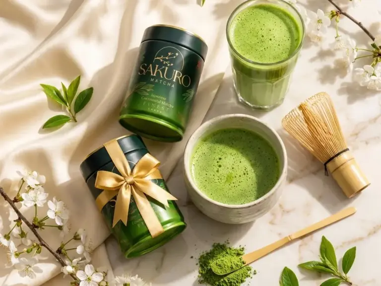 Flat lay: Sakuro Finest tins with a gold ribbon, matcha bowl, latte and chasen