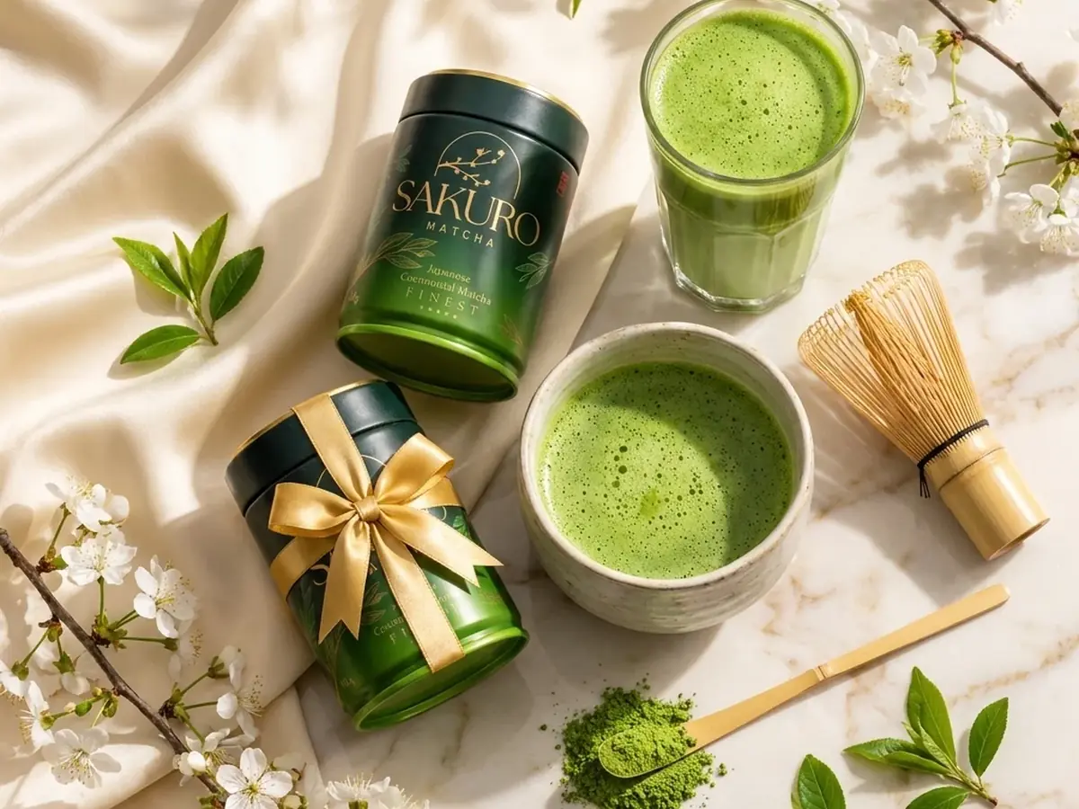 Flat lay: Sakuro Finest tins with a gold ribbon, matcha bowl, latte and chasen