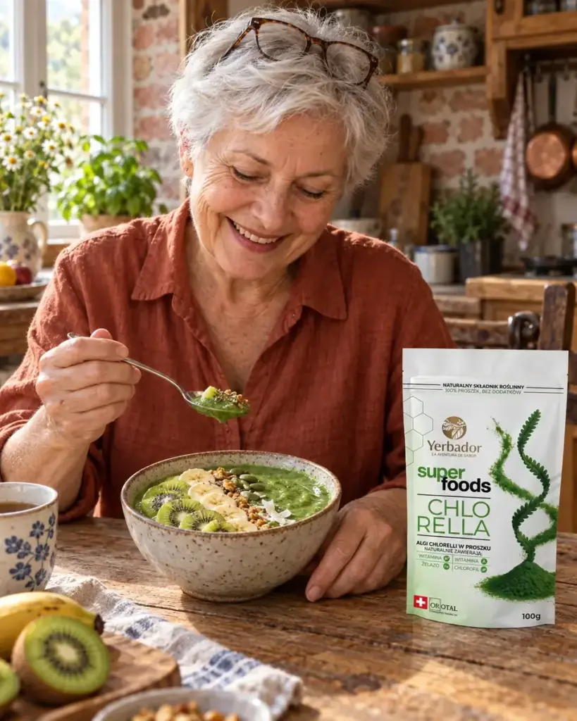 Proprietà albicocche secche: donna anziana che mangia una bowl verde di kiwi, con confezione di clorella Yerbador nelle vicinanze