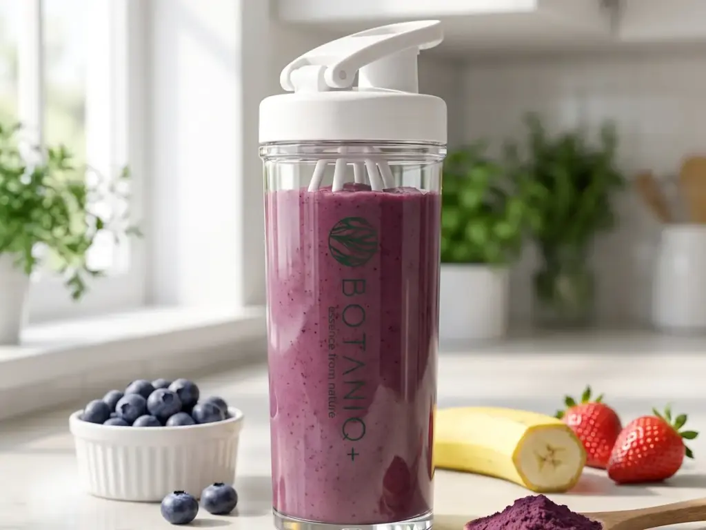 Ginseng powder: shaker with purple açaí smoothie, blueberries, banana and strawberries nearby