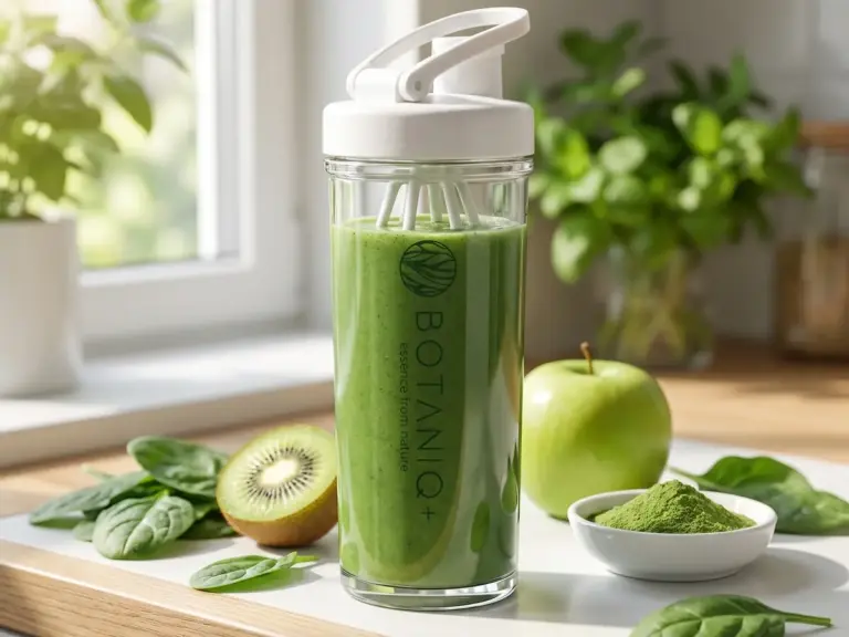 Shaker with green smoothie, kiwi, apple and spinach on a kitchen counter