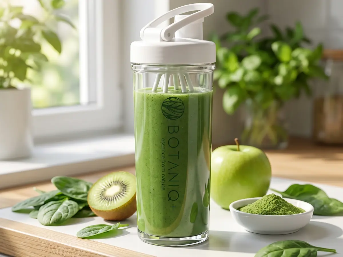 Shaker with green smoothie, kiwi, apple and spinach on a kitchen counter