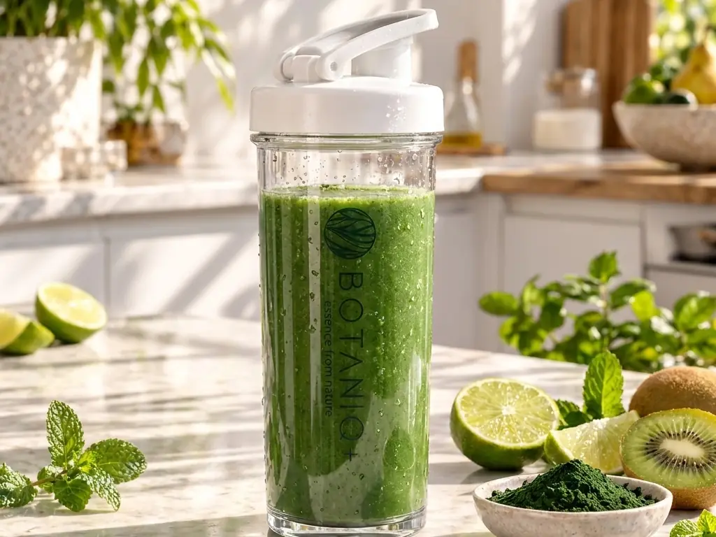 Shaker with green smoothie, limes, kiwi and a small dish of spirulina