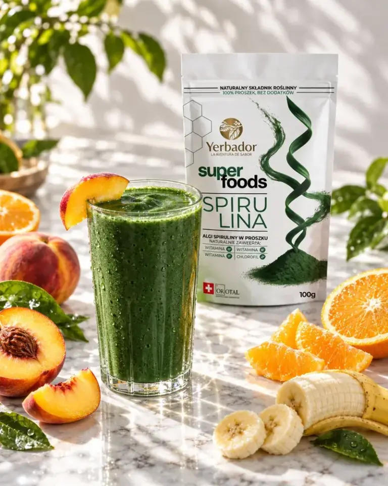 Spirulina smoothie among peaches, oranges and bananas