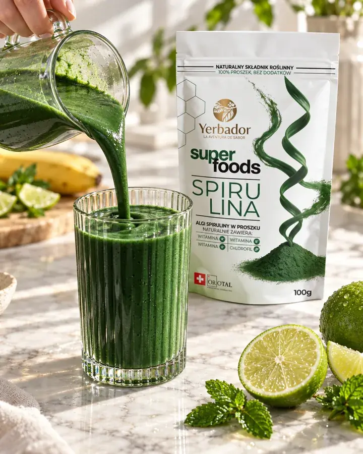 Dark green spirulina smoothie poured into a glass, with Yerbador package nearby