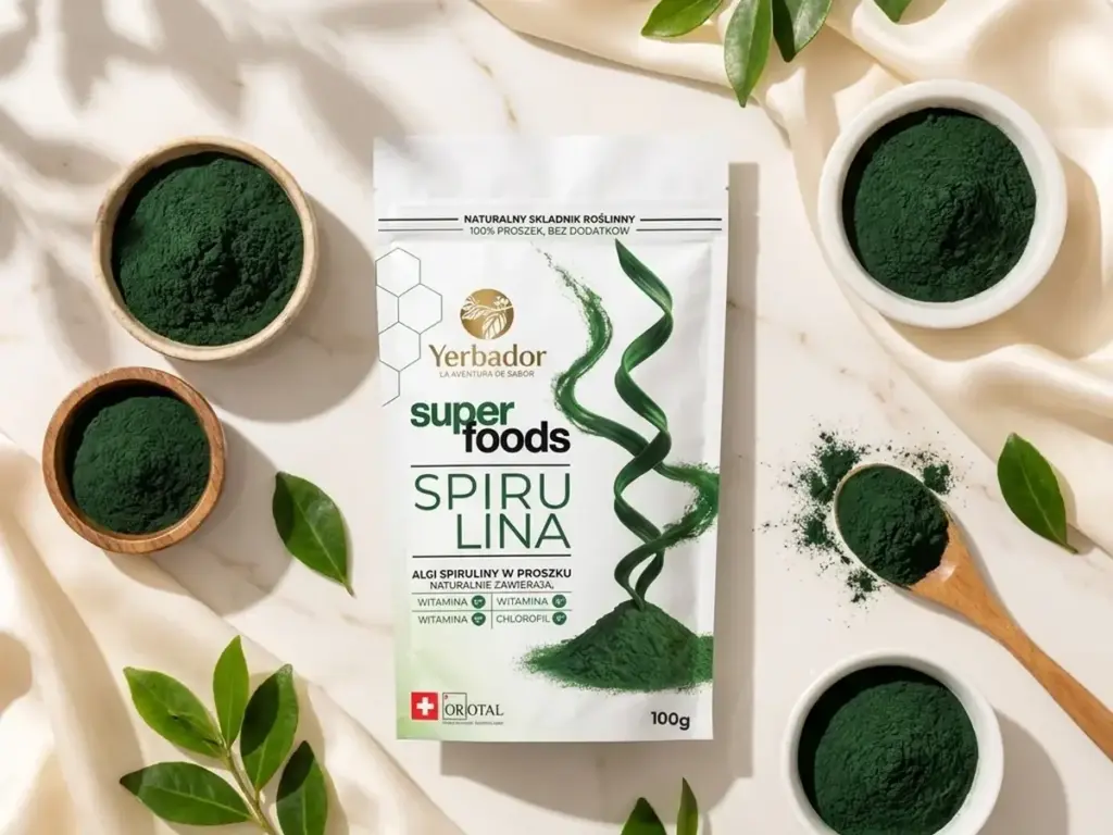 Flat lay: Yerbador spirulina and bowls of intensely green powder