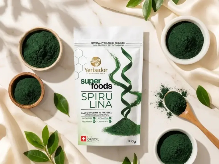Flat lay: Yerbador spirulina and bowls of intensely green powder
