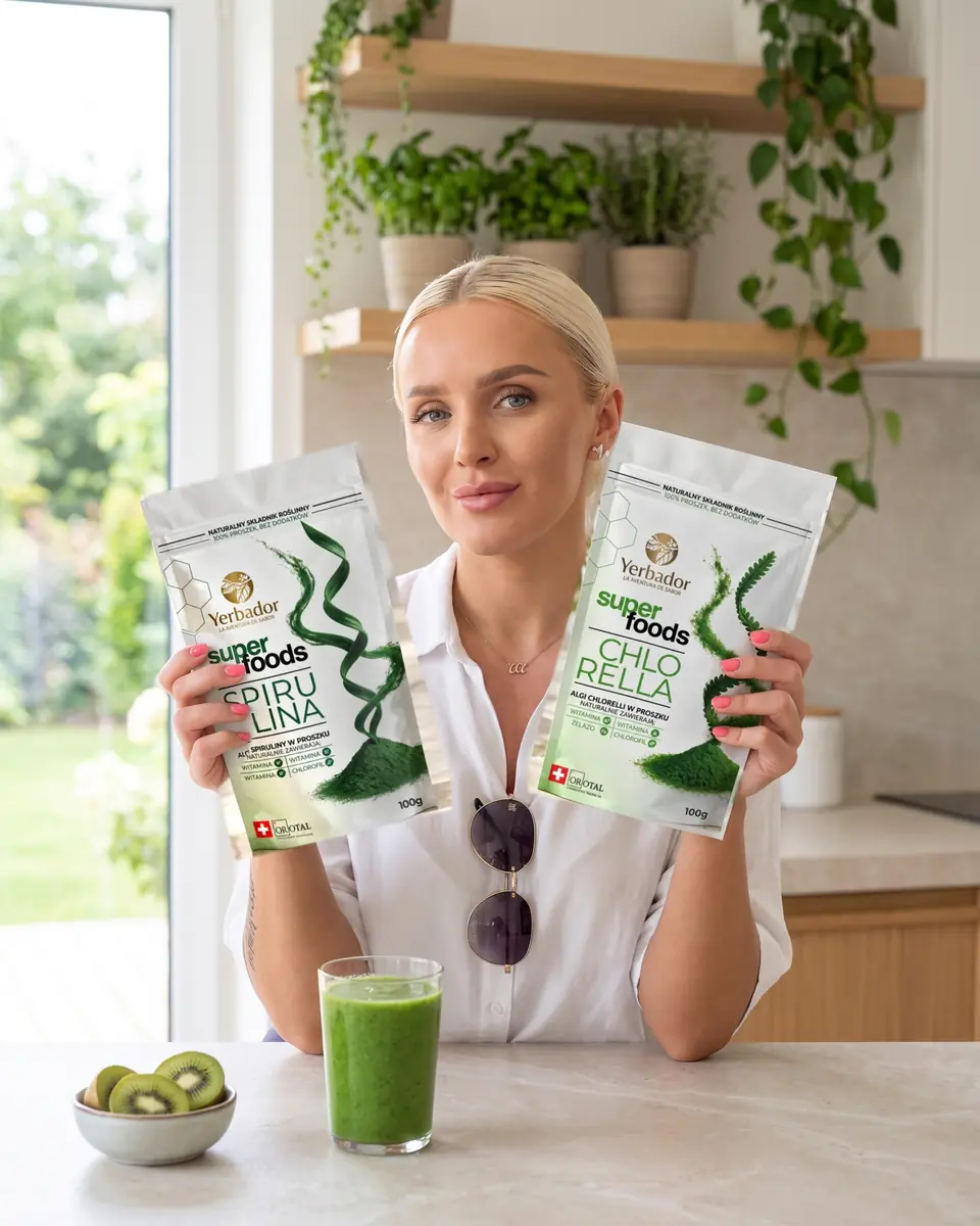 Woman in a bright kitchen with spirulina and chlorella packages and a green smoothie