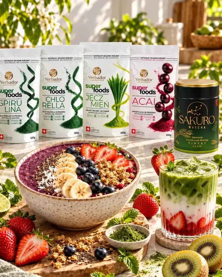 Açaí bowl, green smoothie, strawberry matcha latte and Yerbador superfoods collection with a Sakuro can