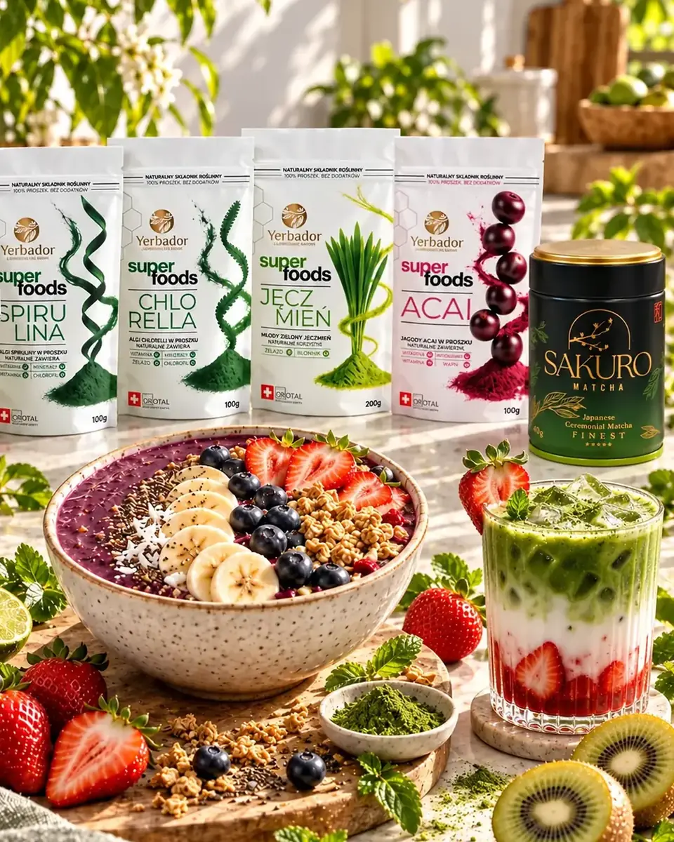 Açaí bowl, green smoothie, strawberry matcha latte and Yerbador superfoods collection with a Sakuro can