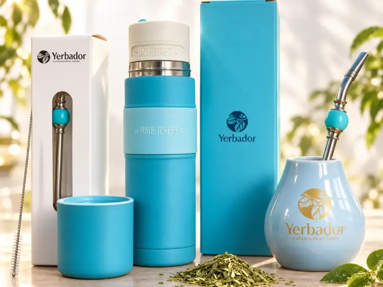 Blue Yerbador thermos with a cup, matero and bombilla in a box