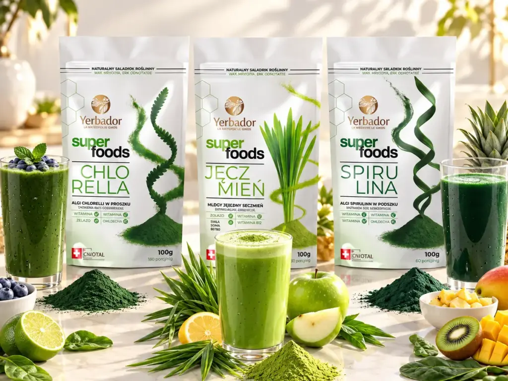 Chia seeds: three green Yerbador superfoods with smoothies, kiwi and apple