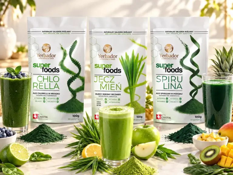 Three green Yerbador superfoods with smoothies, kiwi and apple