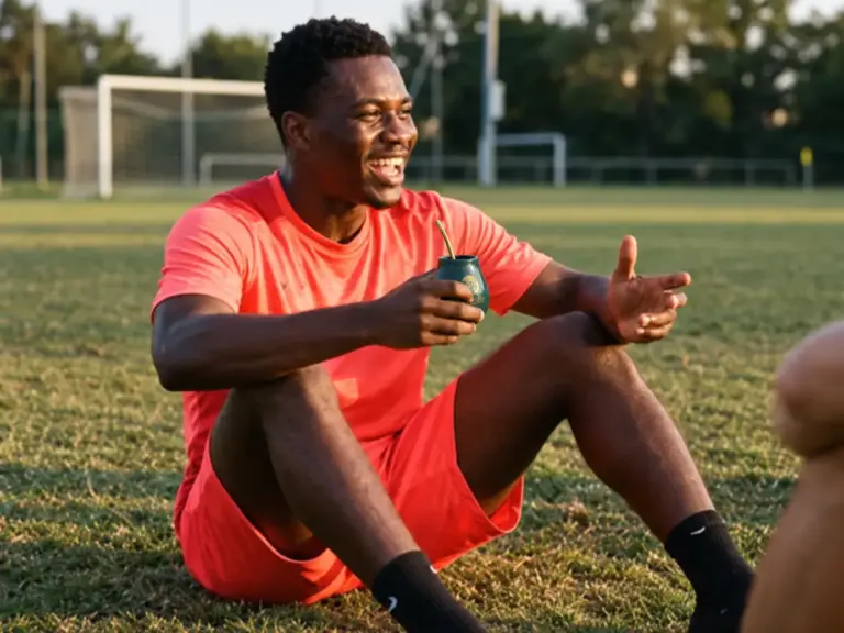 Footballer resting on the pitch with a Yerbador matero