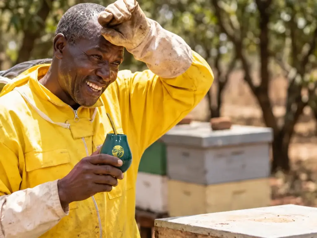 Beekeeper by the hives holding a Yerbador matero