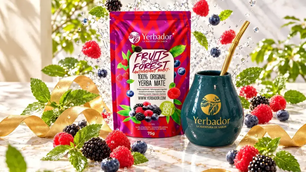 Yerba mate tube: fruits of the Forest yerba mate and a mate cup among flying raspberries, blackberries and blueberries