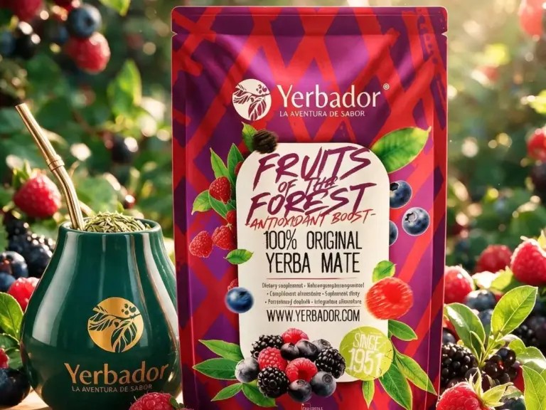 Fruits of the Forest yerba mate among raspberries, blackberries and blueberries