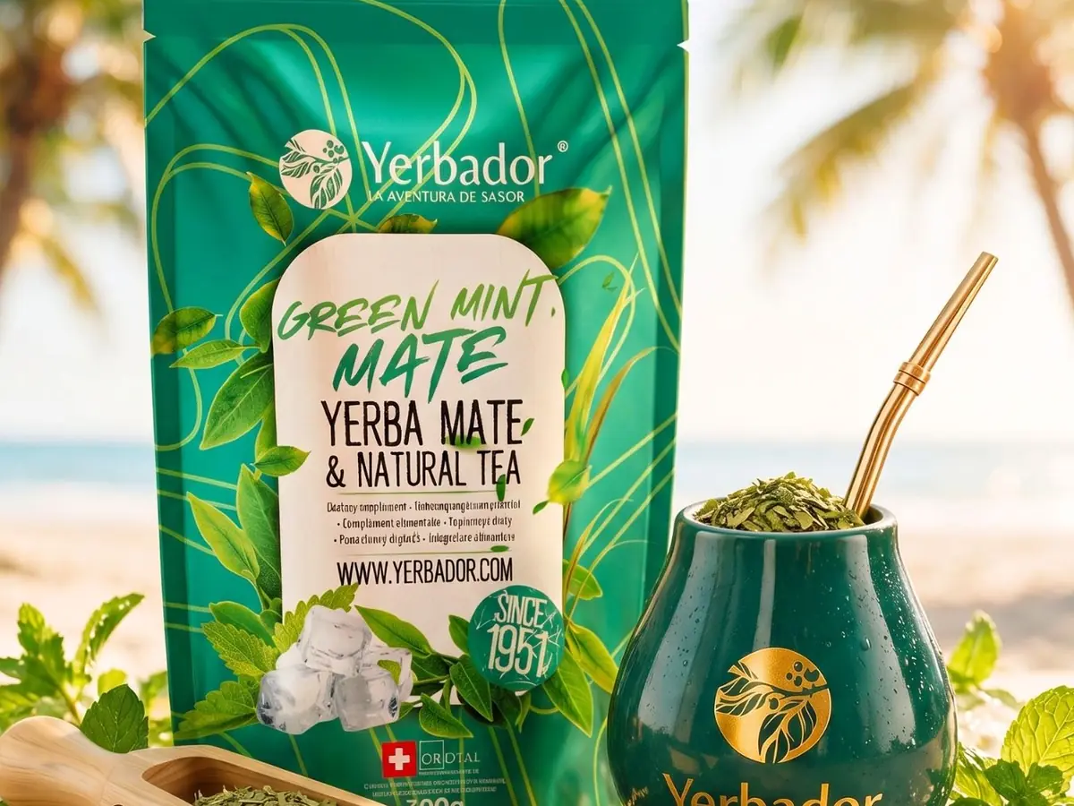 Green Mint yerba mate with ice and mint on the beach — refreshing tereré