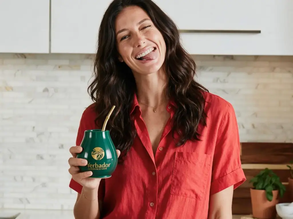 Laughing woman in a red shirt with a Yerbador matero in the kitchen