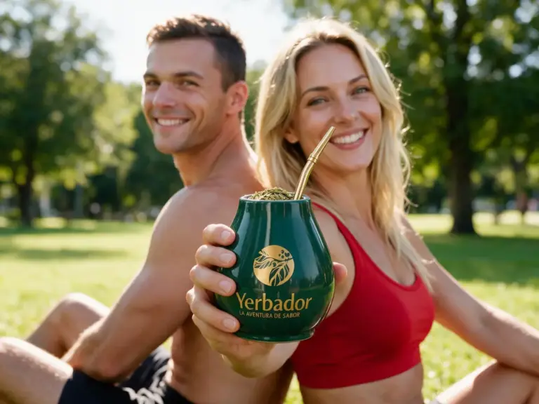 Athletic couple in the park with a Yerbador matero