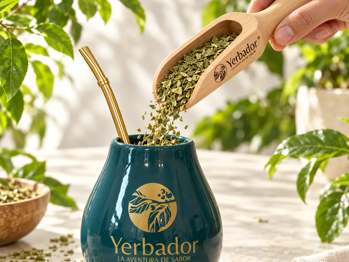 Pouring vividly green dried yerba mate into a Yerbador matero — step 1