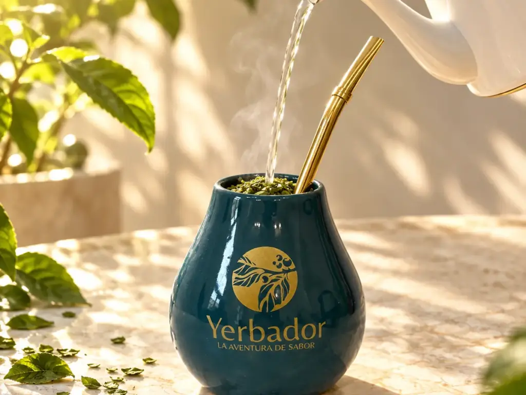 Pouring warm water over yerba mate in a Yerbador matero — step 2