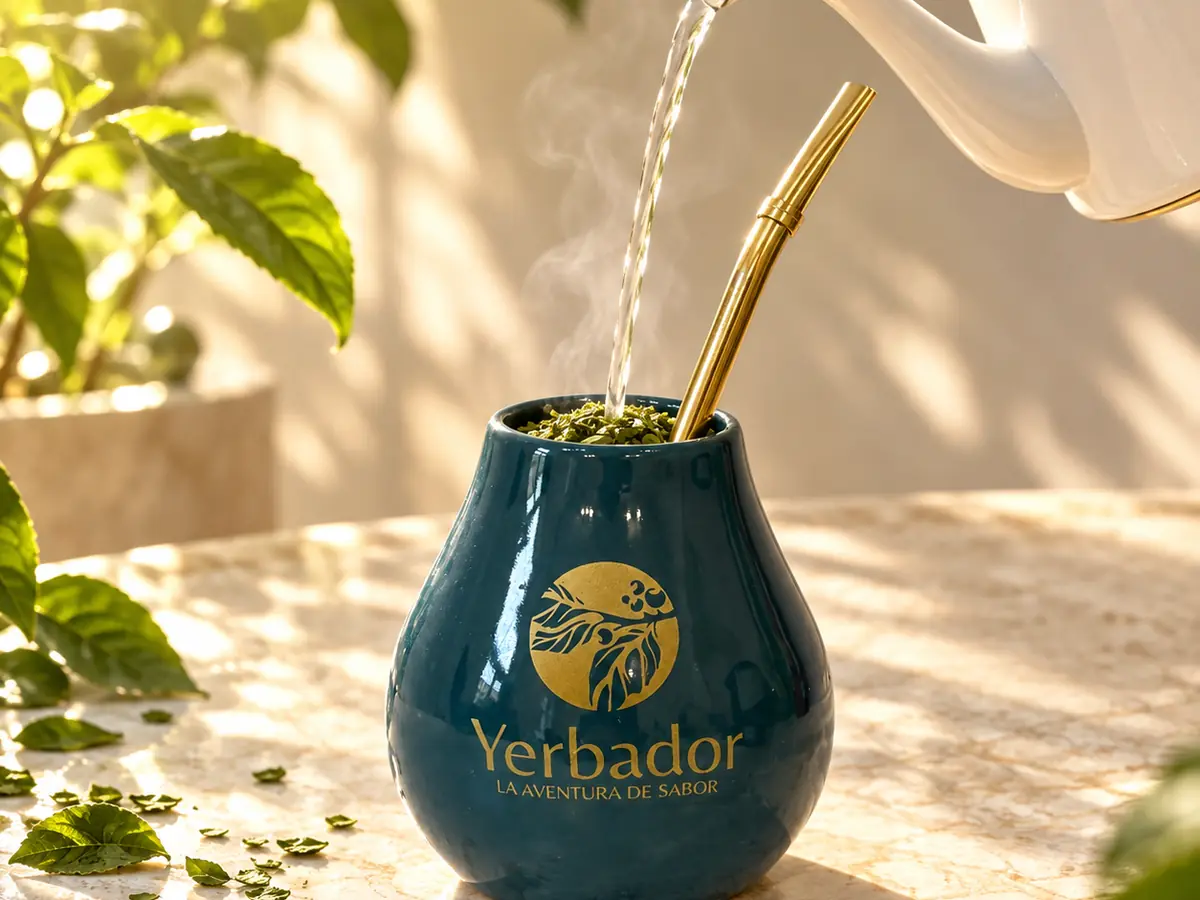 Pouring warm water over yerba mate in a Yerbador matero — step 2