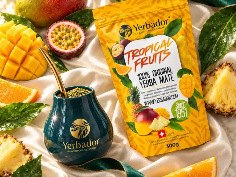 Tropical Fruits yerba mate with mango, passion fruit and pineapple — flat lay
